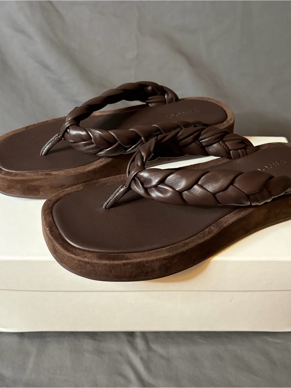 Vince Braided Platform Flip Flops | Chocolate Brown Suede and Leather Finish